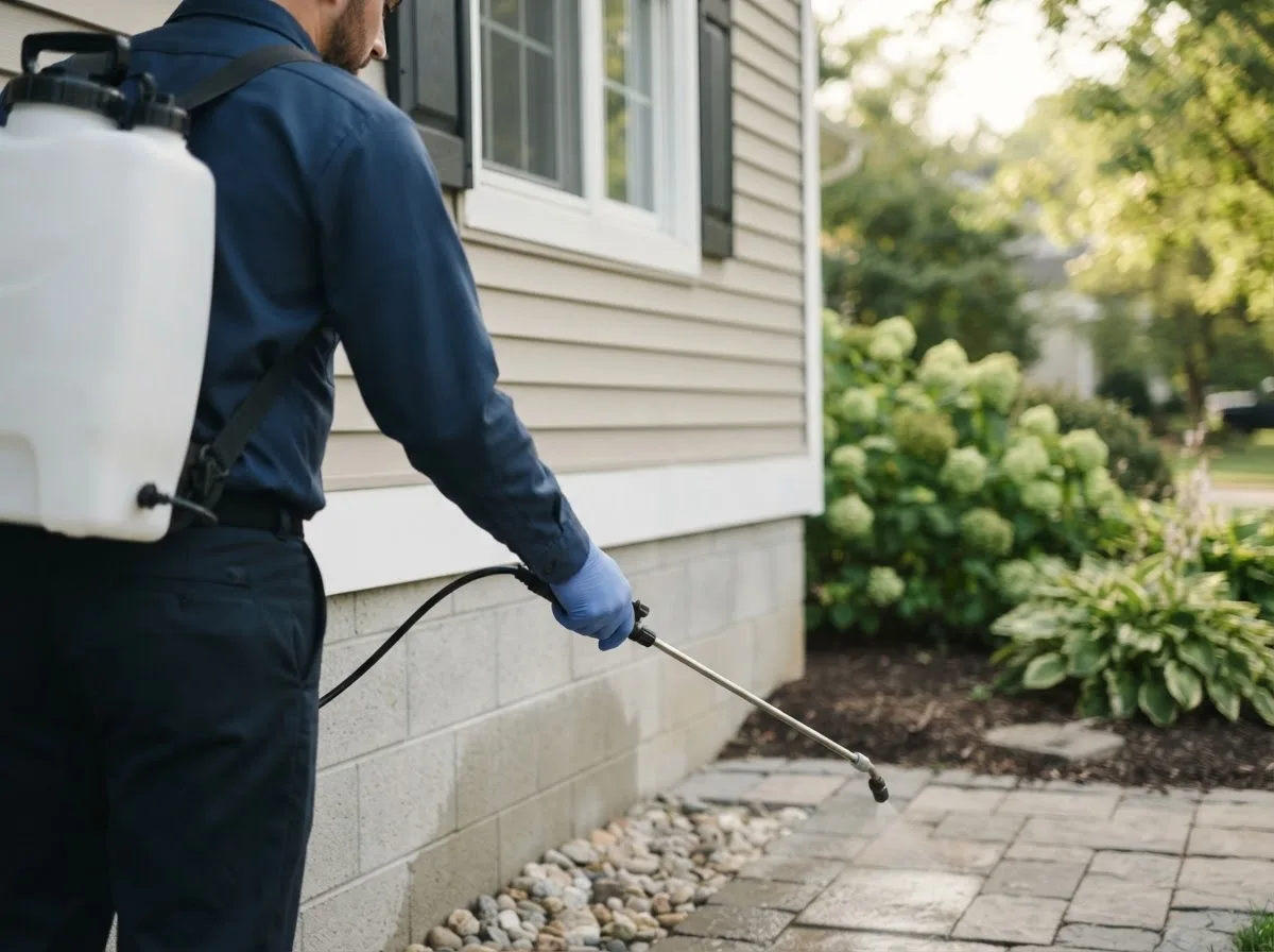 Pest control technician inspecting a home in Harrisburg, IL